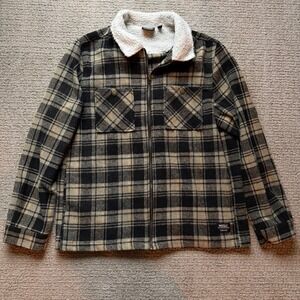 WeSC Liam OG Plaid Shirt Jacket Mens XXL Black Tan Sherpa Collar Full Zip